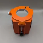 45 degree angle view of the Startrite mercury 10 drill guard, showing the clamp collar used to fix the guard to the pillar drill.