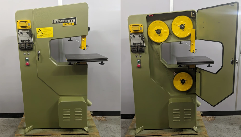 A side by side of a Startrite 18-V-10 rebuild by Machine Spares Ltd, one photo with the door closed, one with the door open 