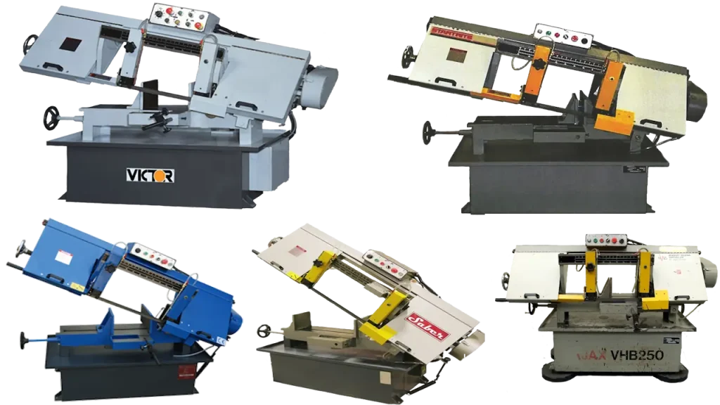 5 different 1018M Horizontal SAws, 3 of which have the head lifted. Victor 1018M, Startrite HC250M, Sabre 1018M, SAWSUK E-1018M & AJAX VHB250 