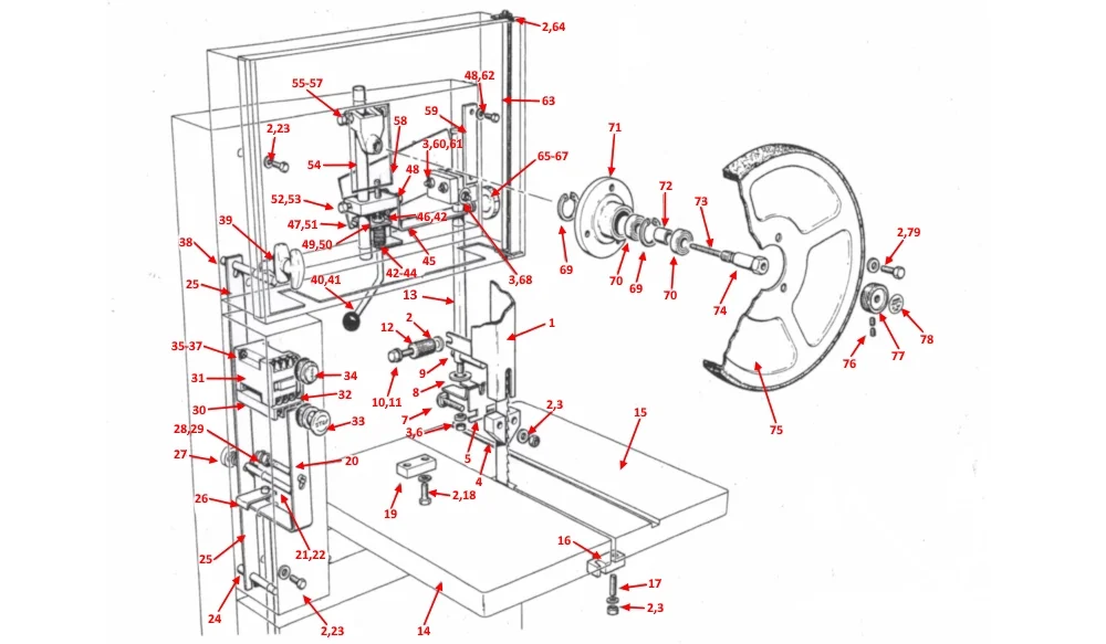Startrite 352 with footbrake, exploded spare parts diagram. Includes guides, guards and bandwheels